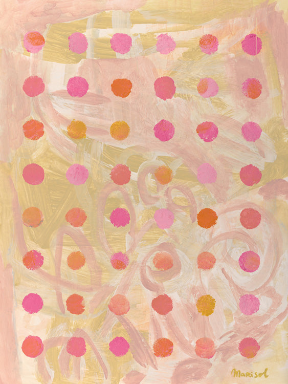 Abstract painting with pink and orange polka dots over pale yellow brushstrokes