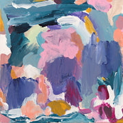 Abstract painting with pink, blue, teal and mustard brushstrokes in a square composition
