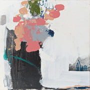 Abstract painting with coral and peach forms, a black block, teal line and navy scribbles on white ground