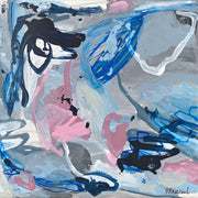 Abstract painting with blue, pink and black gestural brushstrokes on a grey background