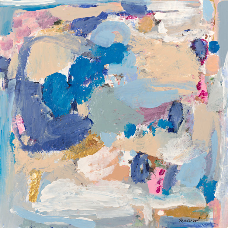 Abstract painting with layered blue, pink, tan and gold brushstrokes in a textured composition