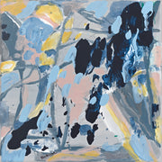 Abstract painting with navy, grey and blue gestural brushstrokes and soft yellow accents
