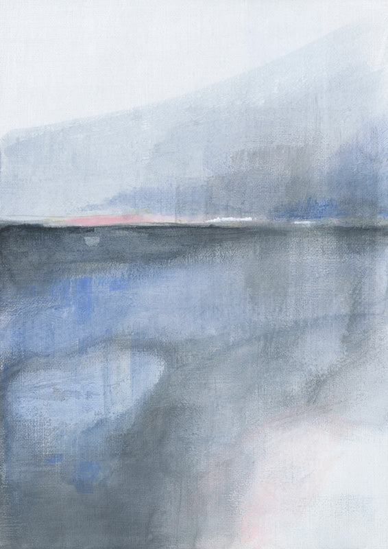 Abstract painting of a misty coastal horizon in muted blue and grey with a soft pink accent line