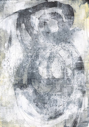 Abstract artwork with layered gray circular forms and mottled ochre and charcoal texture