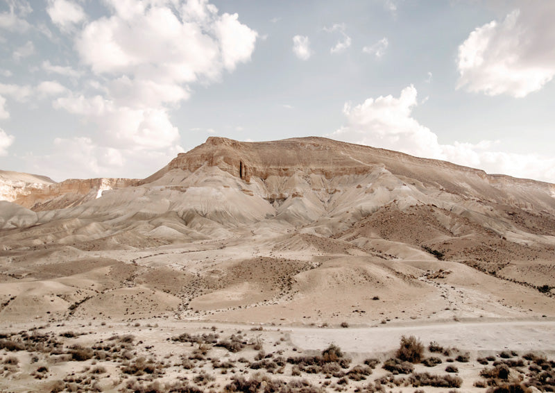 Desert landscape with sandy mesas, scrub and a cloudy blue sky