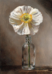 Painting of a white poppy in a small glass bottle against a brown background