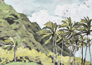Painting of palm trees and a green hillside under a cloudy tropical sky