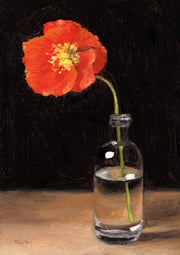 Painting of a red-orange poppy in a glass bottle of water on a tabletop, dark background