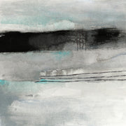 Abstract painting with horizontal grey, black and aqua bands and fine linear texture