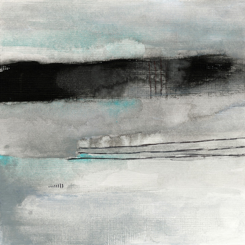 Abstract painting with horizontal grey, black and aqua bands and fine linear texture