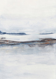 Abstract watercolour landscape with a pale horizon and muted grey-blue shoreline tones