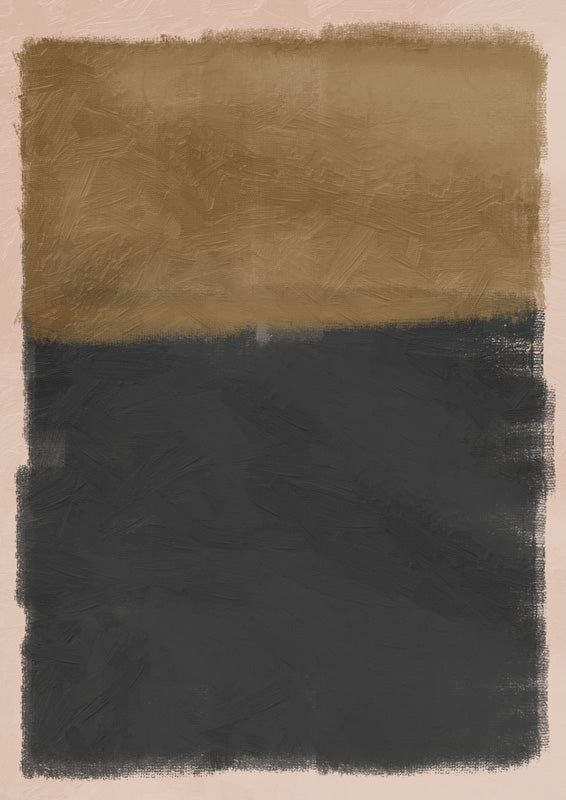 Abstract painting with gold band above charcoal band and blush edge border