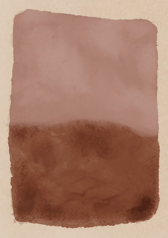 Abstract watercolour print with mauve-pink sky and rust-brown ground divided by a horizon line