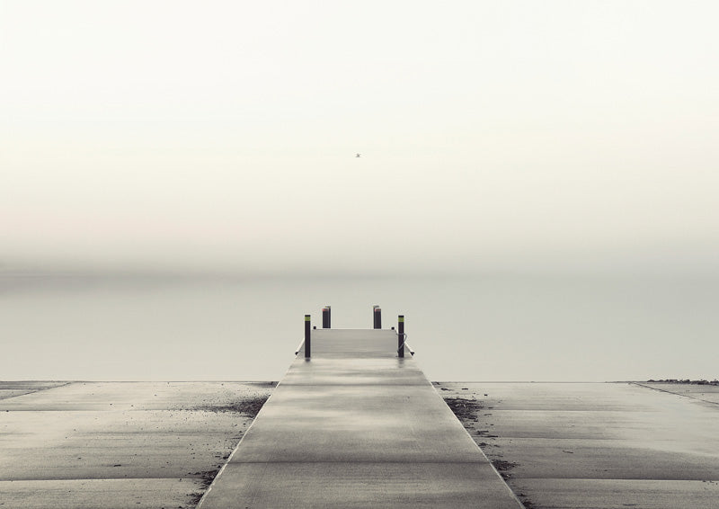 Foggy monochrome photograph of an empty pier leading to a still horizon with a seagull overhead