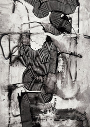 Black and white abstract artwork with striped ribbon-like shapes over textured brushwork