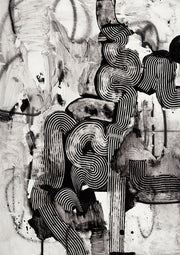 Abstract black and white artwork with looping striped ribbons and gestural brushstrokes