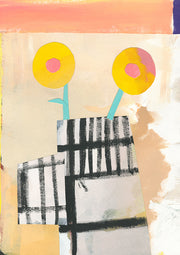 Abstract collage artwork of two graphic flowers in a black and white patterned vase against a peach backdrop