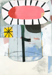 Abstract floral artwork with striped oval bloom, pink centre, black stem and yellow sunburst motif