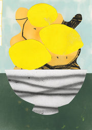 Collage-style still life of lemons and oranges in a grey bowl on green and teal background