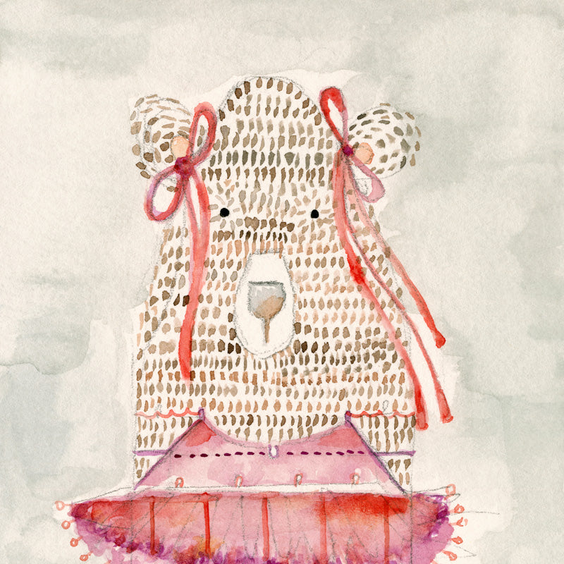 Watercolour bear illustration with ribbon bows and a pink ruffled tutu