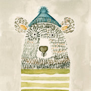 Watercolour illustration of a bear wearing a beanie and striped sweater