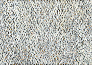 Dense pattern of white brushstroke marks over black with orange and yellow accents