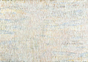 Abstract painting of fine vertical strokes in off-white, grey and pale yellow with subtle texture.
