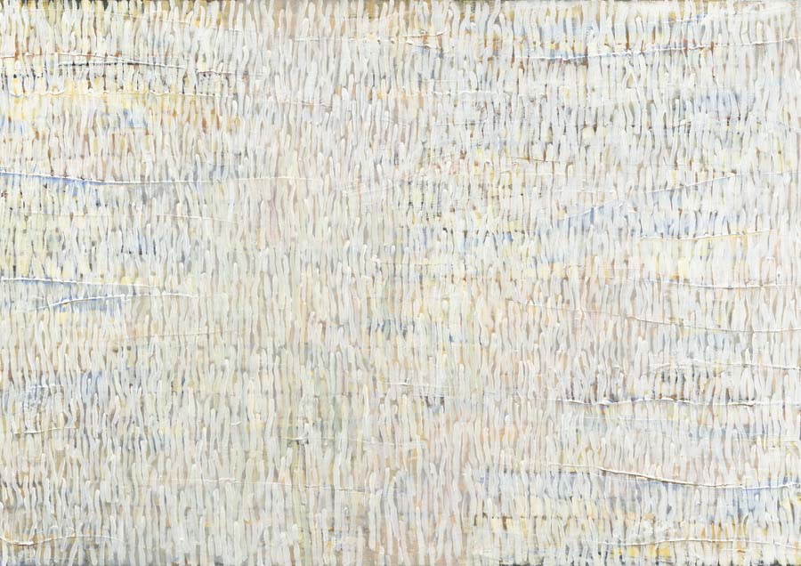 Abstract painting of fine vertical strokes in off-white, grey and pale yellow with subtle texture.