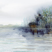 Watercolour landscape of a misty lake with trees and soft blue-green tones