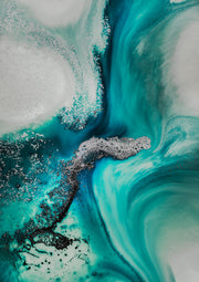 Abstract aqua and teal marbled artwork with silver metallic texture and glossy white swirls