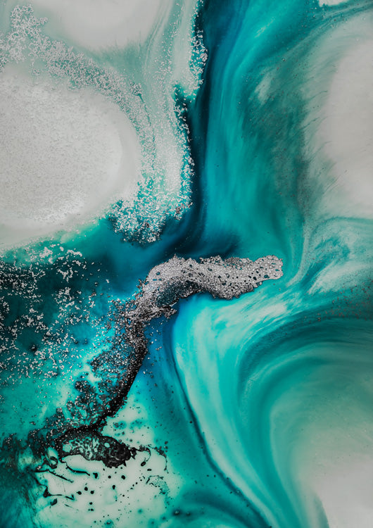 Abstract aqua and teal marbled artwork with silver metallic texture and glossy white swirls