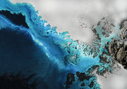 Abstract aerial artwork in navy and turquoise gradient with black granular texture and white space