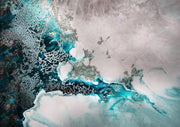 Aerial-style abstract artwork with teal pools, white lace texture, and soft pink-beige marbled background.