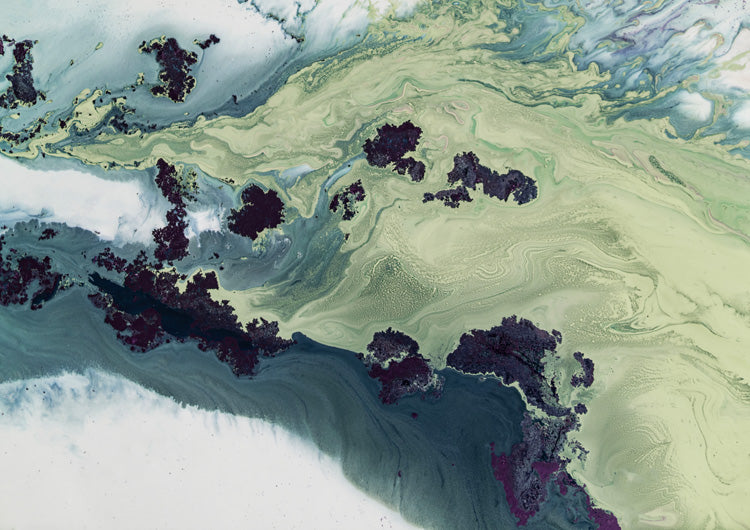 Abstract artwork of marbled green and dark plum tones forming estuary-like patterns