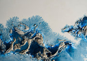 Abstract blue and silver fluid artwork with coral-like branching patterns on a pale background