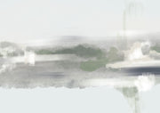 Abstract blurred landscape in muted blue-grey and sage green tones resembling a hazy horizon