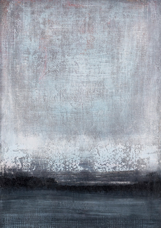 Abstract landscape print with pale grey-blue texture above a dark horizon band