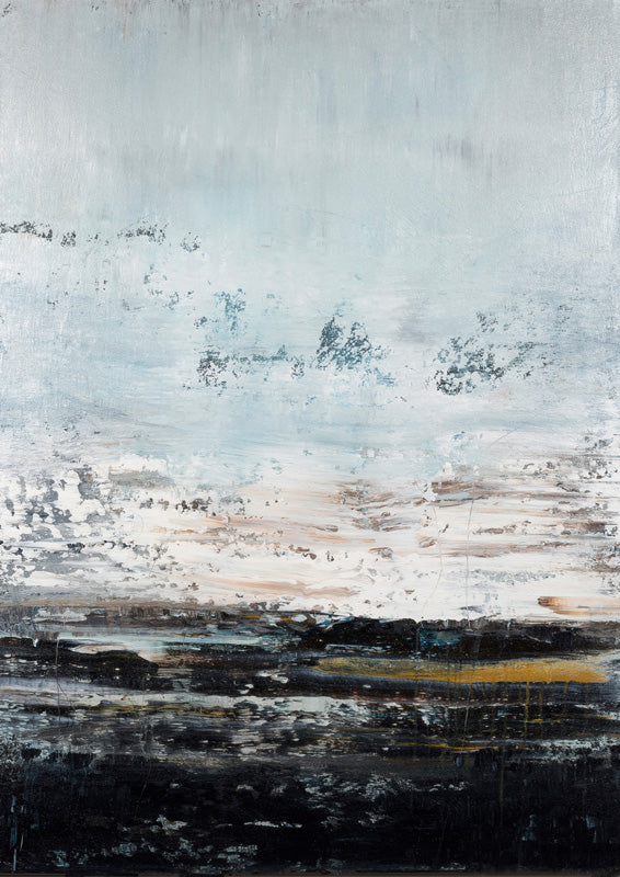 Abstract painting of a pale horizon over a dark, textured lower band with gold streaks