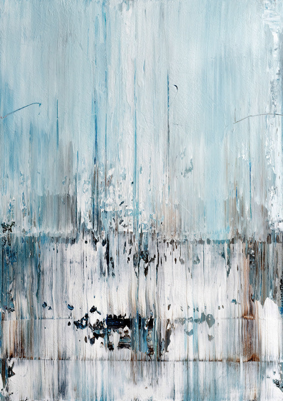 Abstract painting with vertical blue, grey and white streaks resembling rain over a horizon