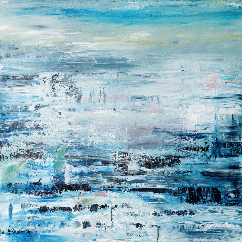 Abstract seascape painting in blue, grey and white with textural palette knife brushstrokes
