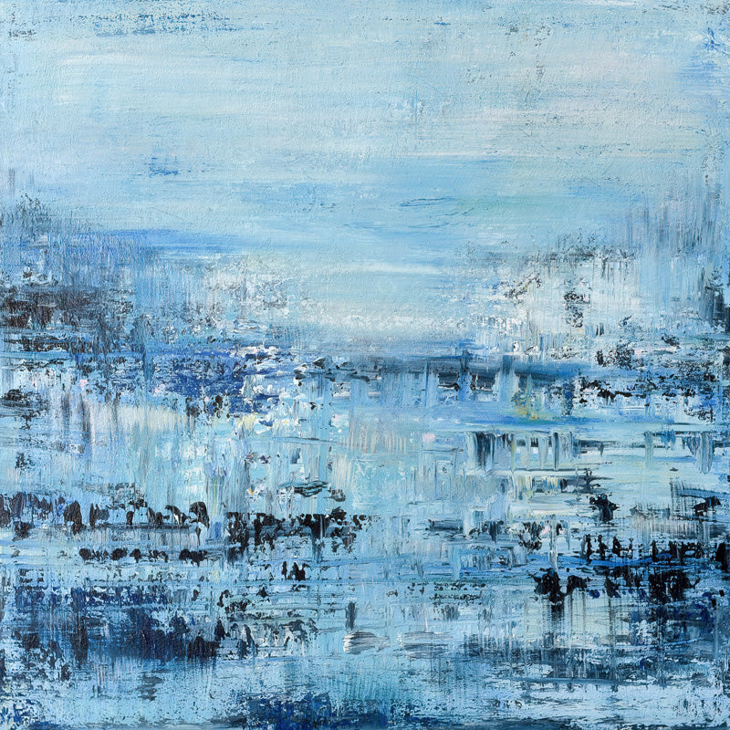 Abstract textural seascape painting in blue, indigo and white with palette knife strokes