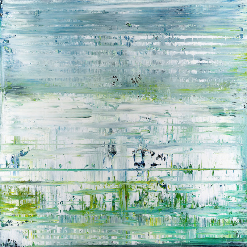 Abstract painting with horizontal bands of blue, green and white scraped paint texture