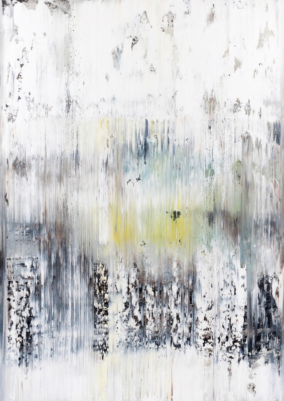 Abstract painting with vertical white and grey drips and a soft yellow glow at centre