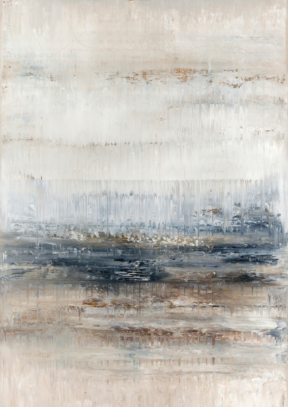Abstract painting of a soft horizon in cream, grey and charcoal with textural drips