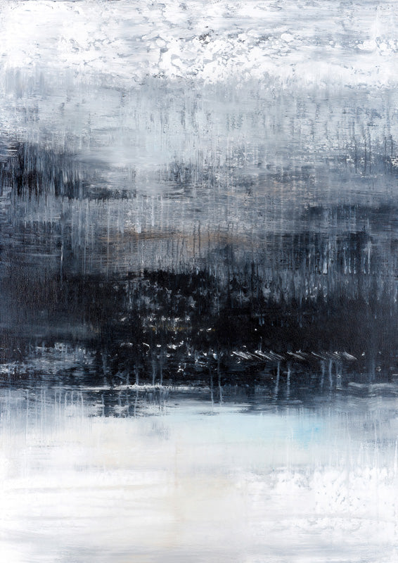 Abstract painting with dark horizon band and vertical drip texture in grey, black and pale blue