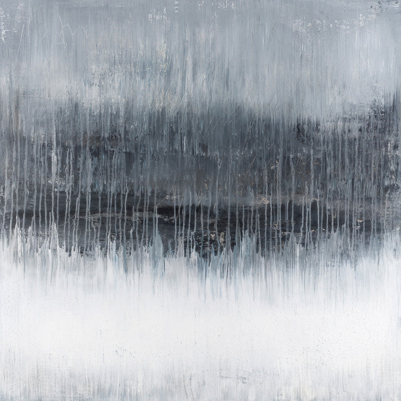 Abstract painting with vertical grey and black drips fading into white at top and bottom