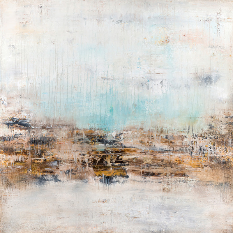 Abstract painting with a pale horizon band and textured ochre, brown and aqua tones with vertical drips