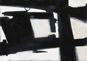 Black abstract painting with bold interlocking geometric brush strokes on cream background