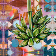 Painting of green bananas clustered against a colourful abstract patterned background