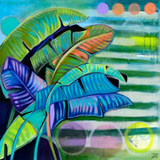Graphic painting of layered tropical leaves in blue, green and coral with striped background and circles